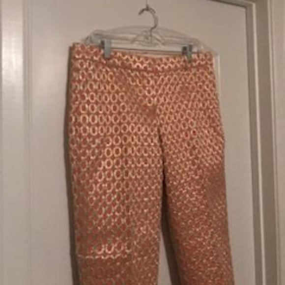 NWT J. Crew Coral and Metallic Gold Jacquard Tailored tapered Ankle Pants - Picture 5 of 6